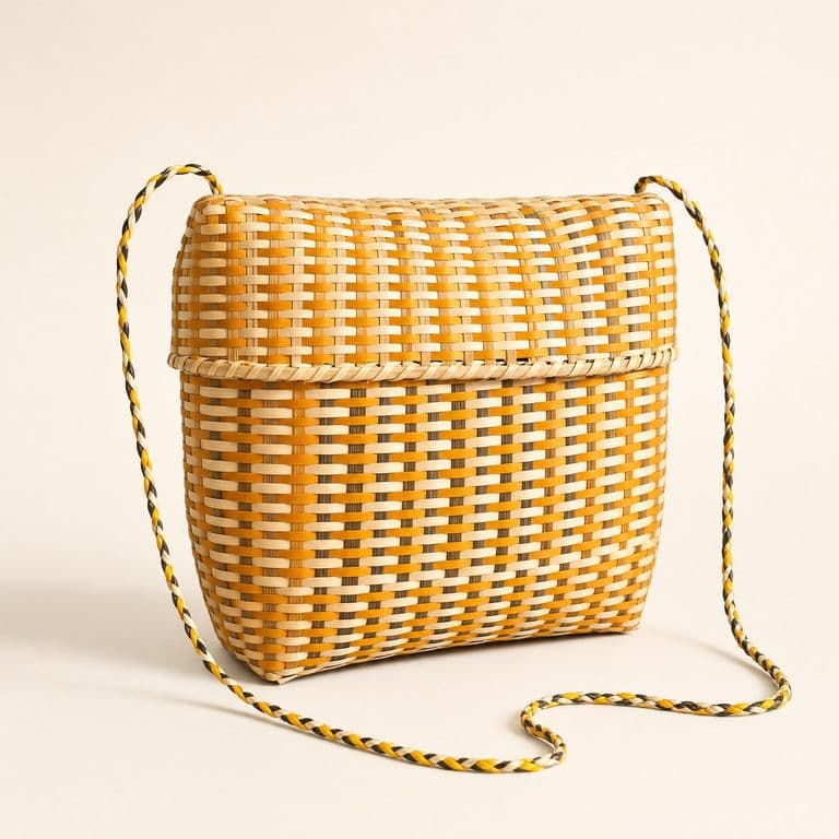 Bolso tejido en café y beige con colgadera