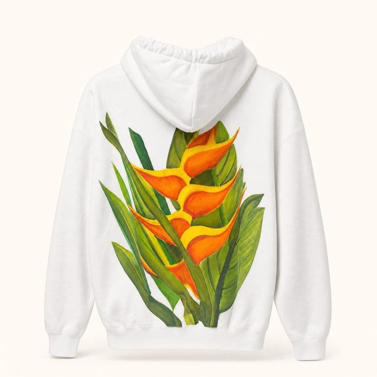 Buzo blanco con heliconias pintadas a mano