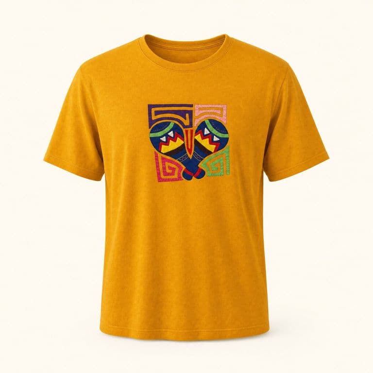 Camiseta amarilla con maracas artesanales