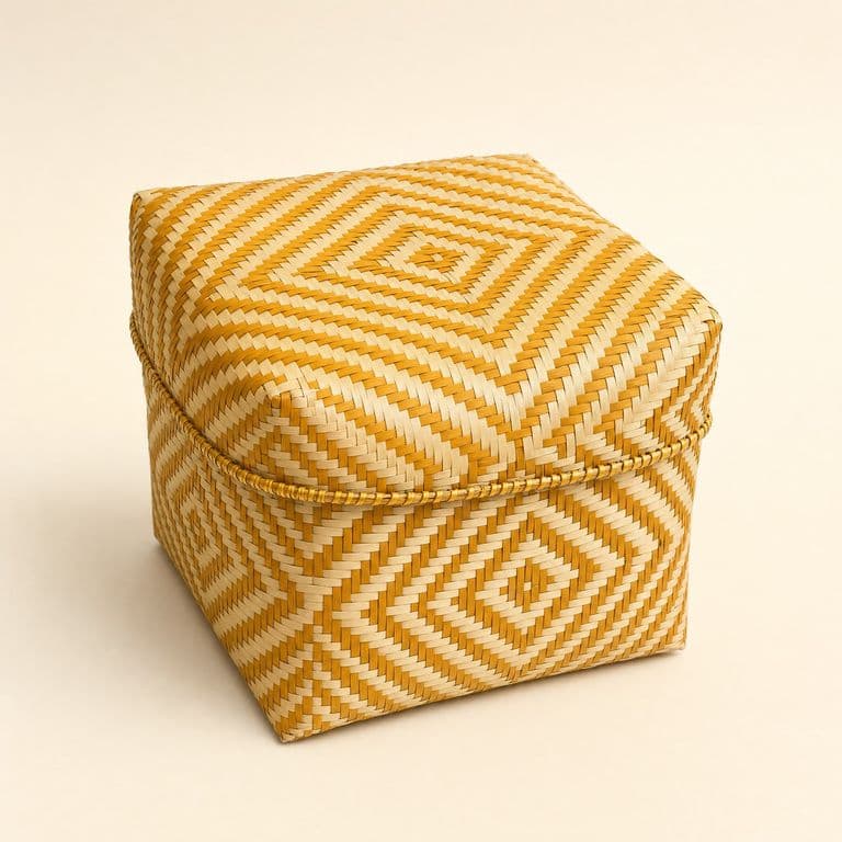Canasta con tapa en beige y dorado