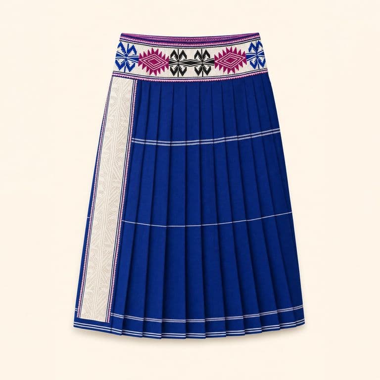 Falda azul plisada con pretina geométrica