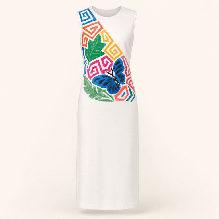 Vestido blanco con mariposa pintada a mano